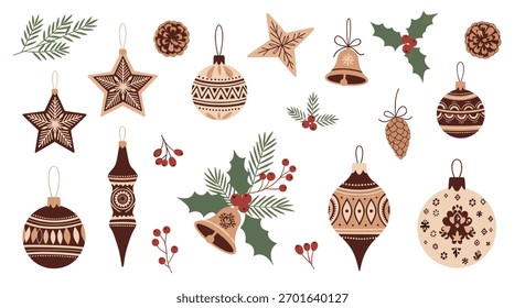 Uma coleção encantadora de ornamentos rústicos de Natal desenhados à mão e elementos naturais festivos em um fundo branco.