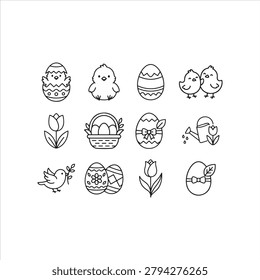 A charming collection of simple Easter cartoon icons featuring decorated eggs, chicks, tulips, and festive elements in a clean and cheerful style