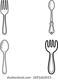 Una encantadora colección de líneas simples con varios tenedores y cucharas, ideal para temas culinarios y Elementos de diseño.
