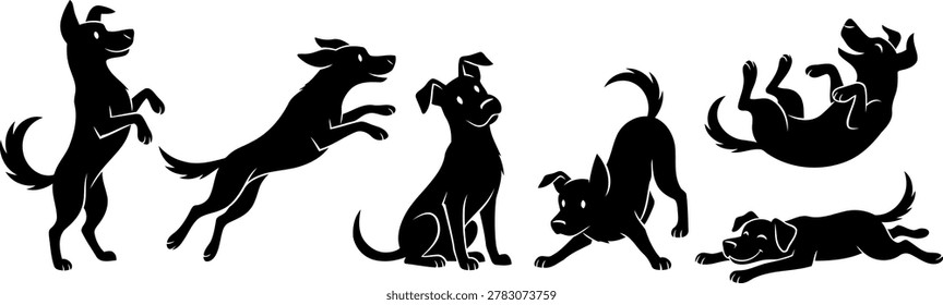 A charming collection of six black dog silhouettes showcasing a variety of expressive actions and playful postures. The set features dogs in natural, lively states: standing on hind legs, leaping mid-air, sitting attentively, bowing in a classic play stance, rolling happily on its back, and stretching out on the ground. Designed with subtle white line accents to define facial features and body contours, these icons carry an approachable, friendly aesthetic. This versatile graphic pack is ideal for pet shop logos, obedience training advertisements, veterinary clinic websites, or custom merchandise prints.