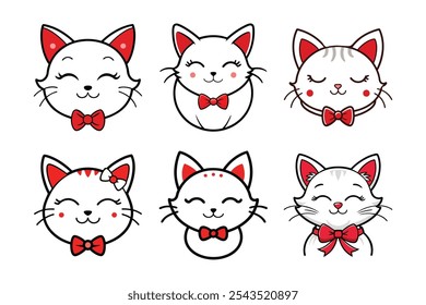 A charming collection of six cute cat faces wearing red bows. Ideal vector illustrations for kids' projects, designs, and playful decor elements