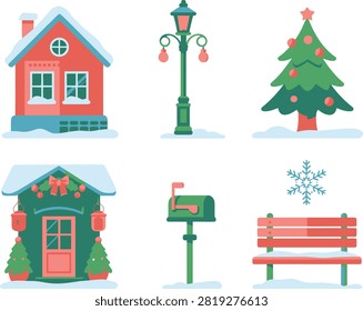 A charming collection of six flat design illustrations depicting elements of a winter village. Features snow-covered houses, a lamppost, Christmas tree, mailbox, and bench.