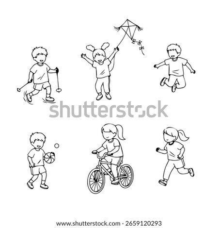 A charming collection of six simple line drawings depicting children engaged in playful outdoor pursuits like flying a kite and riding a bicycle.
