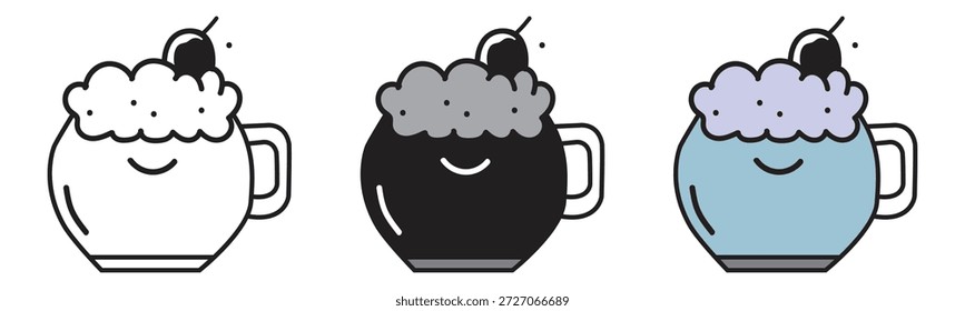 Uma coleção encantadora de canecas sorridentes cheias de bebidas espumosas e cobertas com um ícone de cereja