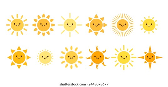 A charming collection of smiling sun illustrations, each with a unique design, radiating joy and positivity on a bright background.