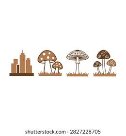 Charming collection of stylized brown mushrooms and city skyline buildings. Perfect for creative projects, web design, and nature-themed compositions.