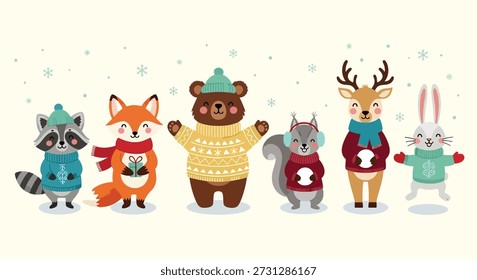 A charming collection of stylized forest animals, including a raccoon, fox, bear, squirrel, deer, and rabbit, all wearing cozy winter attire like sweaters and scarves.