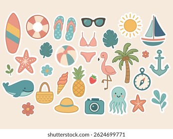 A Charming Collection of Summer Themed Stickers Featuring Fun Beach Elements Like Surfboards, Sunglasses, Palm Trees and Sea Creatures