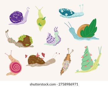 A charming collection of ten hand-drawn whimsical snails, each with unique shells featuring stars, flowers, mushrooms, moss, and lavender. This cute vector-style illustration set is perfect for children's designs, stickers, patterns, and nature-themed creative projects