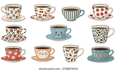Charming collection of twelve diverse teacups and saucers, each adorned with unique patterns including floral, striped, and adorable cat faces.