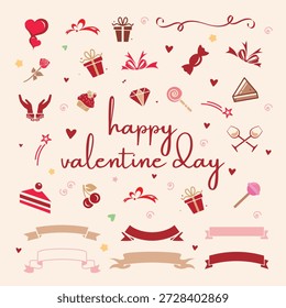 Una encantadora colección de Elementos de diseño del Día de San Valentín que incluye tipografía de "feliz día de San Valentín", corazones, cajas de regalo, dulces y Anuncios decorativos. Este conjunto es perfecto para crear tarjetas de felicitación, publicaciones en redes sociales e invitaciones románticas a eventos.