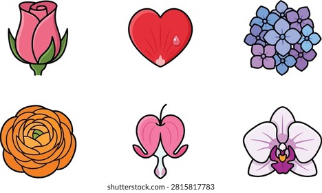 A charming collection of various colorful flowers and a heart illustration