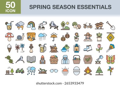 A charming collection of vector icons representing spring season essentials—flowers, gardening, sunshine, rain, birds, and outdoor activities. Perfect for seasonal projects and designs.