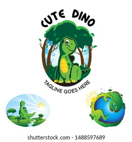 A charming collection of vector mascot logos featuring a friendly green dinosaur. The set includes the dino in various scenic backgrounds such as a lush forest, a sunny river landscape, and a creative illustration of the dino hugging the Earth globe. Ideal for children's toy brands, educational apps, eco-friendly products, kids' clothing, adventure parks, and environmental awareness campaigns.