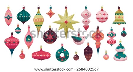 A charming collection of vector vintage Christmas tree toys.  Balls, cones, bells, Star of Bethlehem, bird, Christmas tree. Colorful modern geometric style with textures and grain effect.