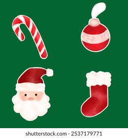 A charming collection of watercolor-style Christmas icons, including Santa Claus, a candy cane, a Christmas ornament, and a stocking on a festive green background.