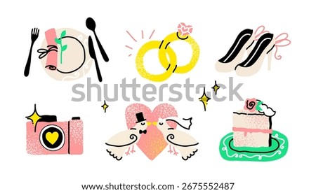 A charming collection of wedding essentials for your special day. Creative festive items celebrate a love story, featuring romantic symbols like a bouquet, wedding rings, and a tiered cake.