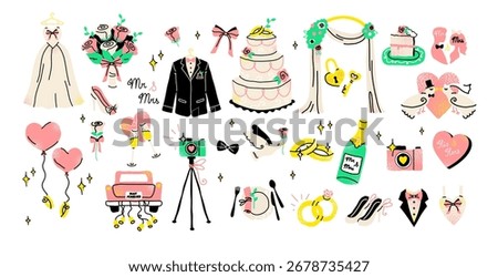 A charming collection of wedding essentials for your special day. Creative festive items celebrate a love story, featuring romantic symbols like a bouquet, wedding rings, and a tiered cake.