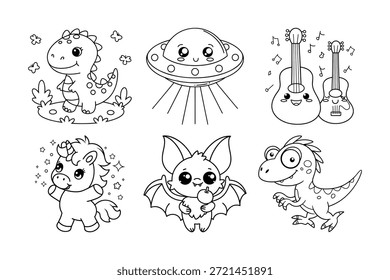 Colección encantadora de criaturas caprichosas y Instrumentos musicales en estilo de arte de línea blanca y negra, perfecto para colorear páginas y Diseños para niños