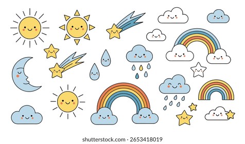 Charming collection of whimsical weather elements featuring cute suns rainbows stars moons and clouds for childrens designs