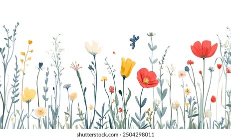 A charming collection of wildflowers in various colors gently sways in the breeze, accompanied by butterflies and bees, creating a delicate and whimsical scene.