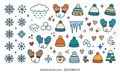 Charming collection of winter theme doodle icons featuring knitted hats mittens snowflakes clouds and hot chocolate mugs perfect for holiday cards and seasonal projects flat vector design elements for Christmas and cold weather celebration graphics.