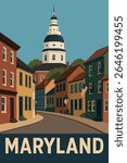 The charming colonial streets of Annapolis come alive at dusk, with warm, golden light casting a serene glow on the cobblestone streets and historic colonial homes