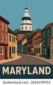 As encantadoras ruas coloniais de Annapolis ganham vida ao entardecer, com luz quente e dourada lançando um brilho sereno nas ruas de paralelepípedos e casas coloniais históricas