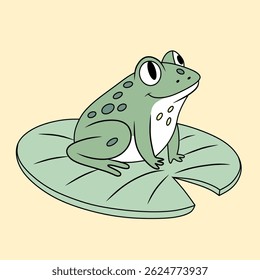 Charming, colored illustration of a green frog resting on a lily pad. Perfect for educational content, nature-themed designs, and digital artwork.