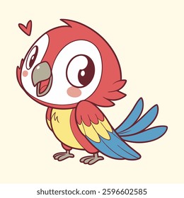 A charming and colorful cartoon parrot with big shiny eyes, red and yellow feathers, blue wings, and a playful expression. This cute bird illustration features a heart symbol, perfect for children’s d