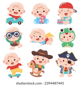 A charming and colorful cartoon-style illustration featuring babies dressed in various fun costumes and engaging in playful activities.