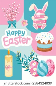 A charming and colorful Easter greeting card featuring traditional holiday elements such as a bunny hiding behind an egg, decorated Easter eggs, a festive cake, a candle, willow branches, and flowers.