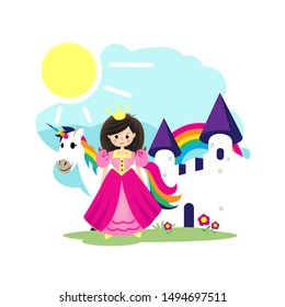 A charming and colorful flat vector illustration featuring a beautiful princess in a pink gown standing next to a majestic unicorn with a rainbow mane. Set against a backdrop of a grand white castle, a vibrant rainbow, and a bright sun. Perfect for children's books, nursery wall art, birthday invitation cards, toy packaging, and fairytale-themed educational materials.