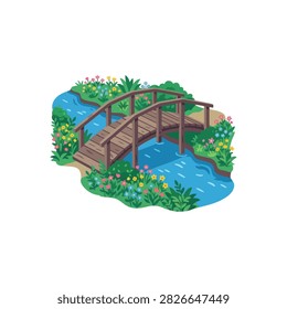 A charming, colorful flat vector illustration of a wooden footbridge arching over a flowing blue river surrounded by vibrant flowers and lush greenery.