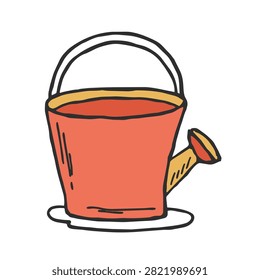 A charming and colorful hand drawn doodle of a small red watering can with a yellow spout, isolated on a white background.