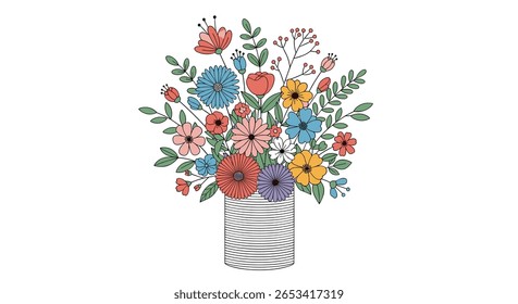 A charming colorful rustic hand drawn floral arrangement displayed in a decorative striped vase a delightful artistic composition