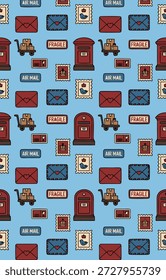 Um padrão perfeito, charmoso e colorido, com vários elementos postais, como caixas de correio, envelopes, selos e carrinhos de correio, todos colocados contra um fundo azul claro alegre.