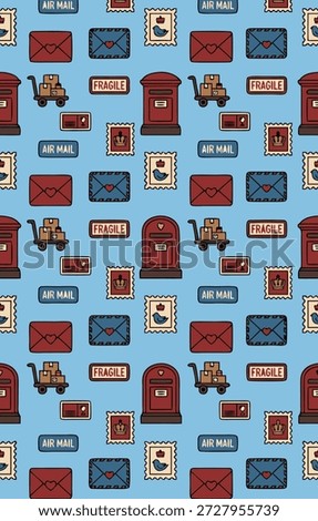 A charming and colorful seamless pattern featuring various postal elements such as mailboxes, envelopes, stamps, and mail carts, all set against a cheerful light blue background.