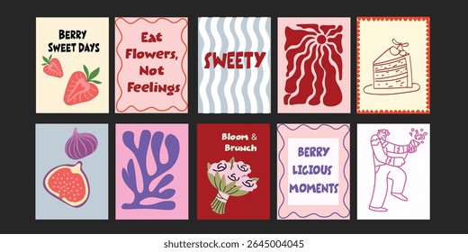 Charming Colorful summer bistro banners with trendy short phrases about fresh fruits, vegetables, flowers