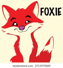 Uma ilustração vetor encantadora e colorida de um personagem de raposa vermelha com uma expressão divertida, apresentando o nome 'FOXIE' em negrito, tipografia preta