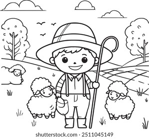 Encantadora ilustración para colorear de un agricultor que atiende a su rebaño de ovejas en un entorno rural tranquilo. Perfecto para las actividades de coloración de los niños, mostrando la vida de la granja y el vínculo entre los humanos