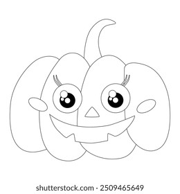 Una página para colorear encantadora con una linda calabaza de Halloween con ojos grandes y una sonrisa. Ideal para actividades infantiles, manualidades de Halloween y decoración festiva, que ofrece un alto atractivo comercial