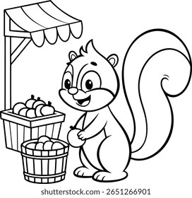 A charming coloring page featuring a cute squirrel diligently selling acorns from a quaint, rustic wooden stall. This design is perfect for children's crafts and nature-themed activities.
