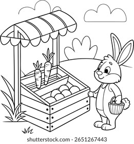 A charming coloring page featuring a friendly rabbit selling fresh carrots from a rustic wooden vegetable stall, perfect for children's activities and creative projects.