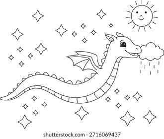 Una encantadora página para colorear con un simpático y sonriente dragón con alas, aparentemente soplando una nube que está haciendo llover. El dragón está rodeado por numerosas estrellas centelleantes, y un sol feliz con una cara sonriente es visible en la esquina superior derecha, creando una escena caprichosa y mágica.