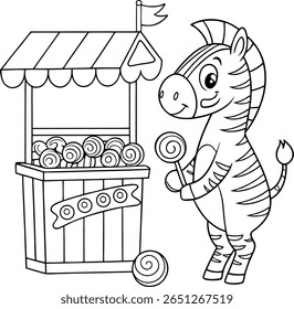 A charming coloring page featuring a happy zebra at a vibrant candy stall, surrounded by colorful striped lollipops, ready for creative coloring fun.