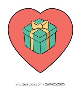 A charming coloring page featuring a neatly wrapped gift box resting on a heart, symbolizing love, care, and thoughtful surprises waiting to be unwrapped.
