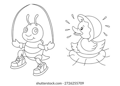 Charming Coloring Pages Apresentando um Bug Saltador e Pato Brincalhão para Atividades Infantis e Livros Educacionais