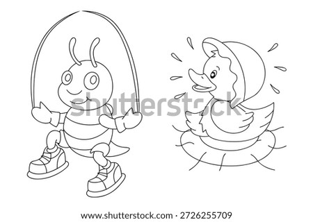 Charming Coloring Pages Featuring a Jumping Bug and Playful Duck for Kids' Activities and Educational Books