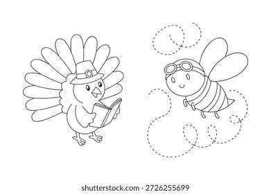 Charming Coloring Pages Com uma Leitura Turquia e uma Abelha Voadora, Perfeito para Atividades Infantis e Decoração Interior